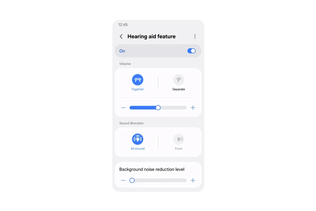 Екран налаштувань слухового апарата в додатку для Galaxy Buds